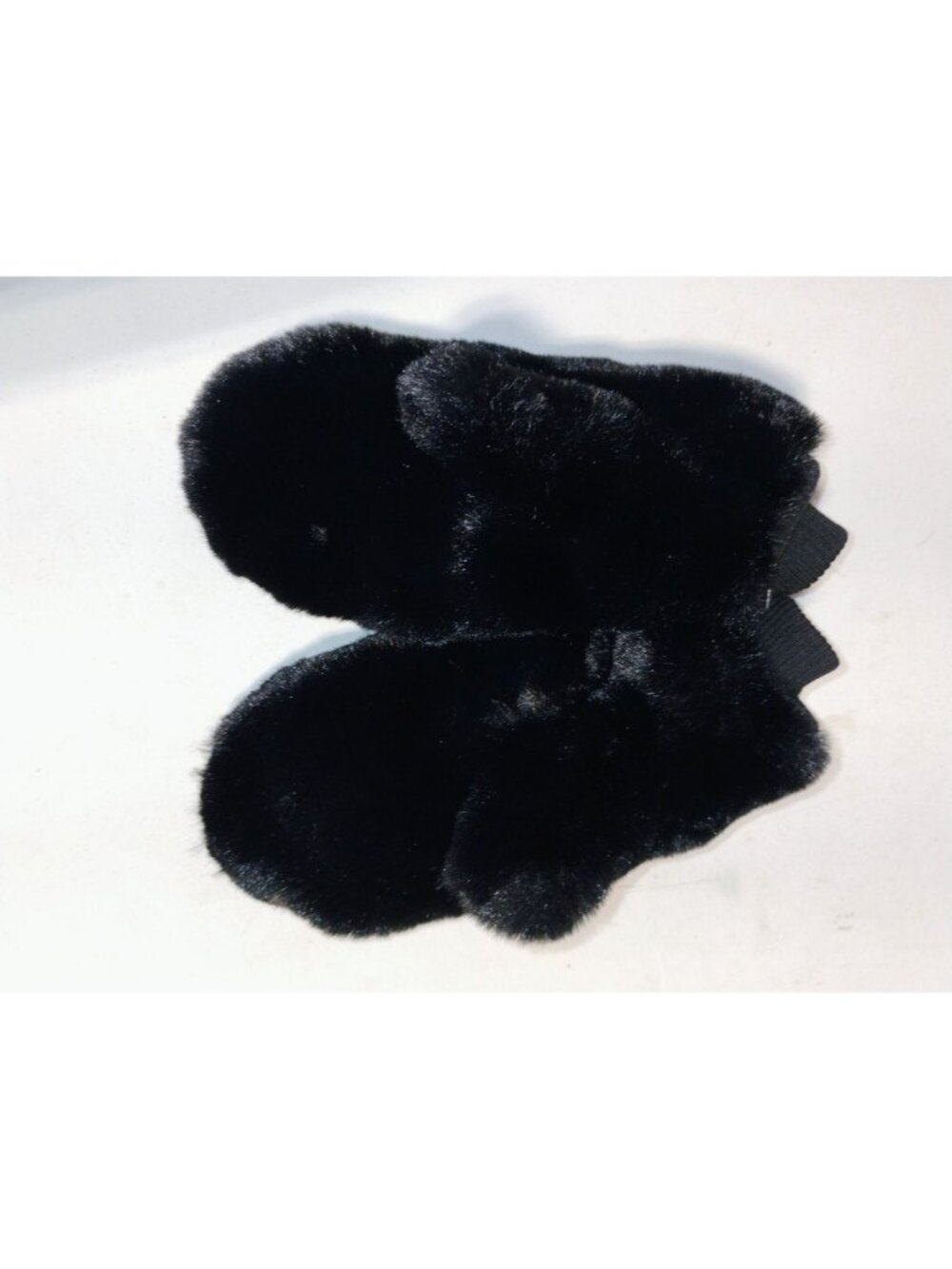 Black Faux Fur Mittens 100% Polyester Fabric Ribbed Wrist - Picture 3 of 7